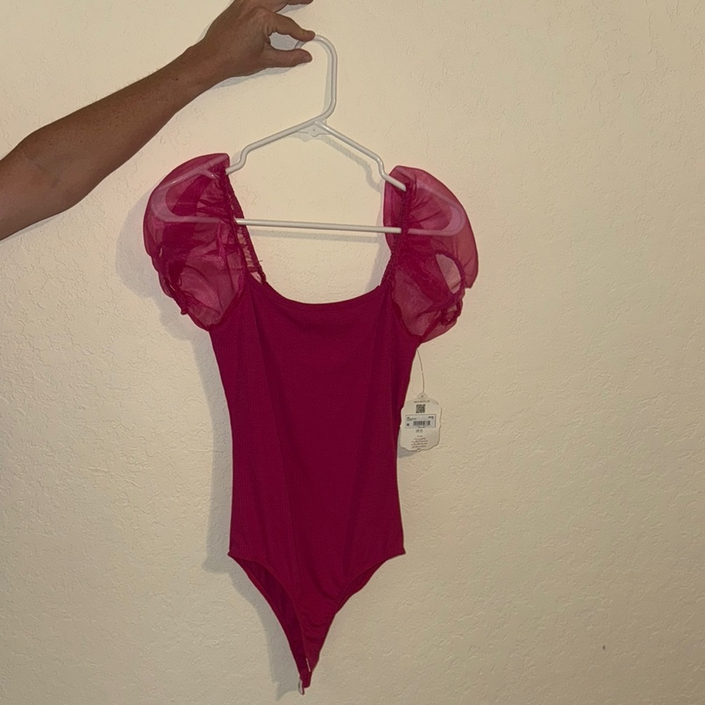 Altar'd State Pink Bodysuit with Puff Sleeves